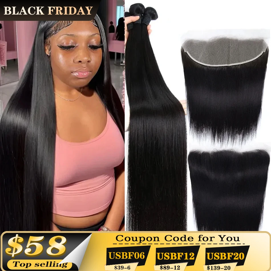 Bone Straight Human Hair Bundles With 13x4 HD Lace Frontal With Extensions Brazilian Weavings 3 Bundles With Closure for Women