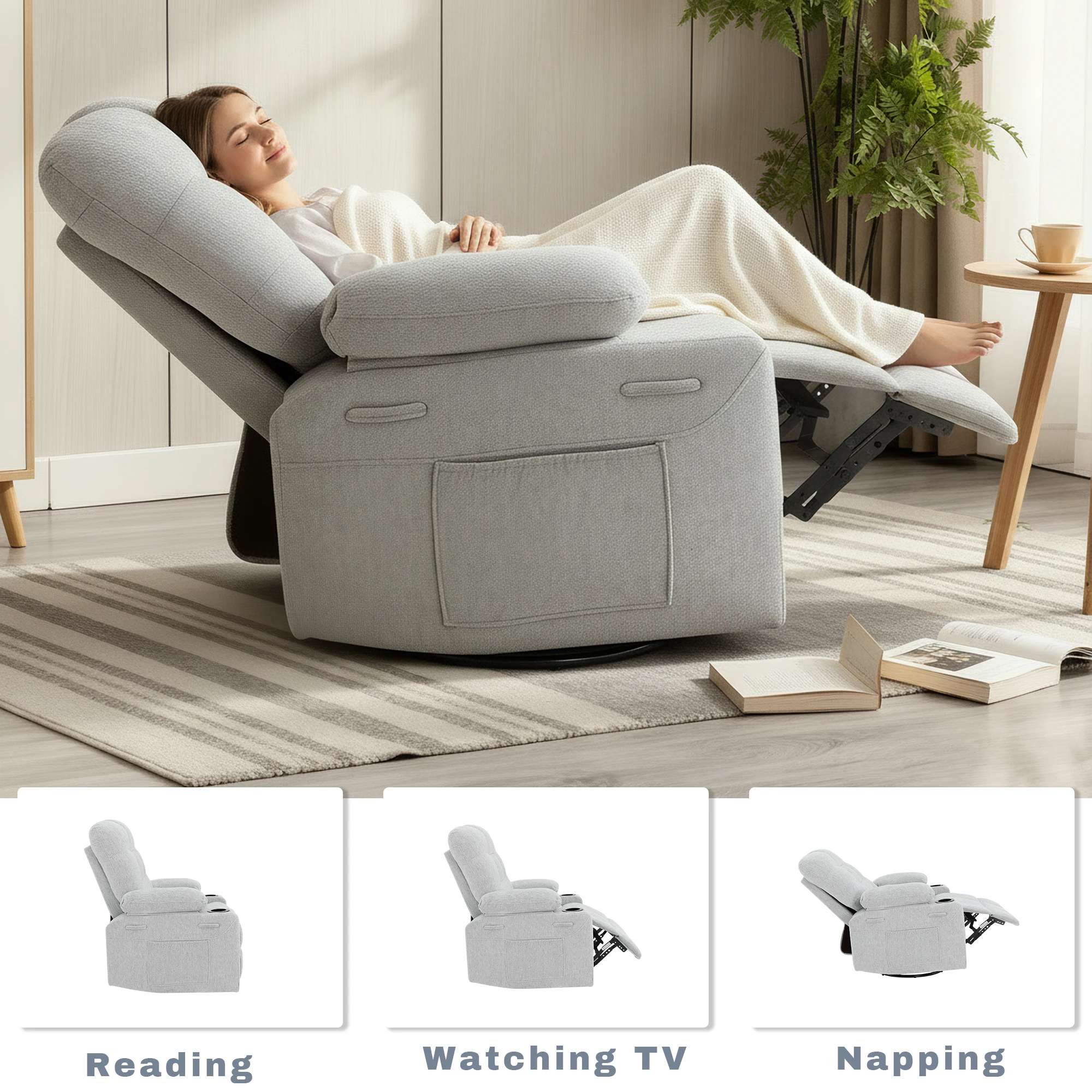 Soft Chenille Swivel Rocker Recliner Chair, Manual Recline Single Reclining Sofa for Reading Napping Watching TV in Lounge Room