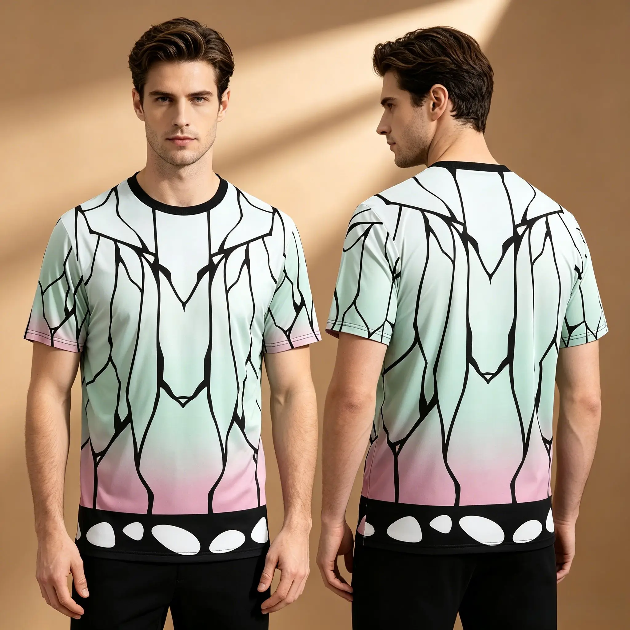 Herren-T-Shirt mit Demon Slayer Shinobu Kocho Butterfly Gradient Full Print, Mint Pink Anime Cosplay Otaku Kurzarm-Freizeit-T-Shirt – Detail 5