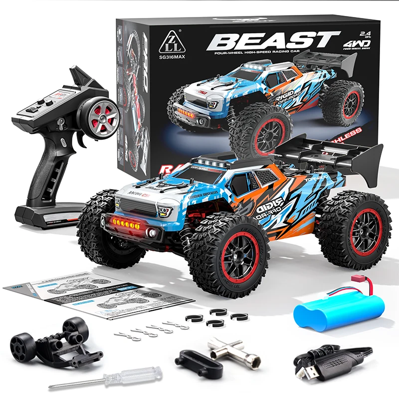 Samochód terenowy RC 4WD w skali 1:16, wyposażony w bezszczotkowy silnik 2847, regulator ESC 35A, metalowy mechanizm różnicowy, wałek typu „dog bone”, kontroler 2,4 GHz z zasięgiem 300 m oraz — 2