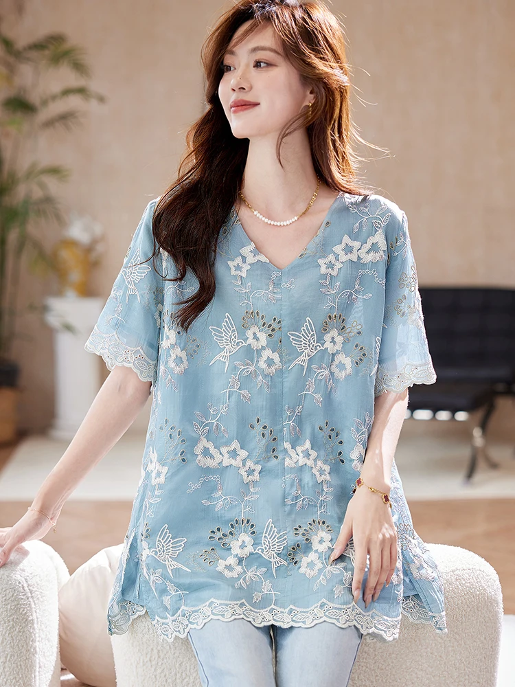 Women Embroidered V Neck Pullover Blouse Loose Fit Lyocell Shirt Short Sleeve Floral Tunic Top Elegant Summer Wear