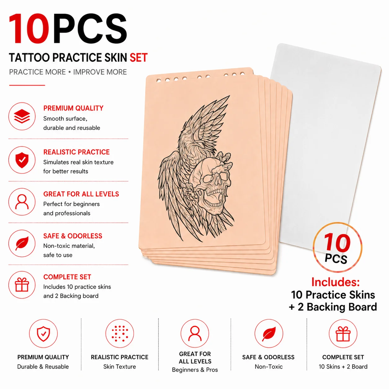 10PCS Tattoo Practice Skin Set with 2 Backing Boards Silicone Fake Skin Sheets for Tattoo Training Supplies