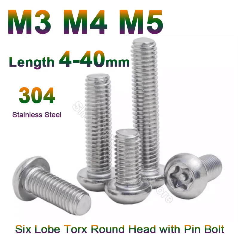 10-100Pc M3 M4 M5 304 A2-70 Stainless Steel Six Lobe Torx Button Round Head with Pin Tamper Proof Anti-theft Security Bolt Screw