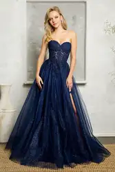 Vestidos de Fiesta de tul con escote corazón brillante, apliques de encaje divididos, corsé transparente, vestidos de noche, línea A, largos sin mangas, vestidos de baile