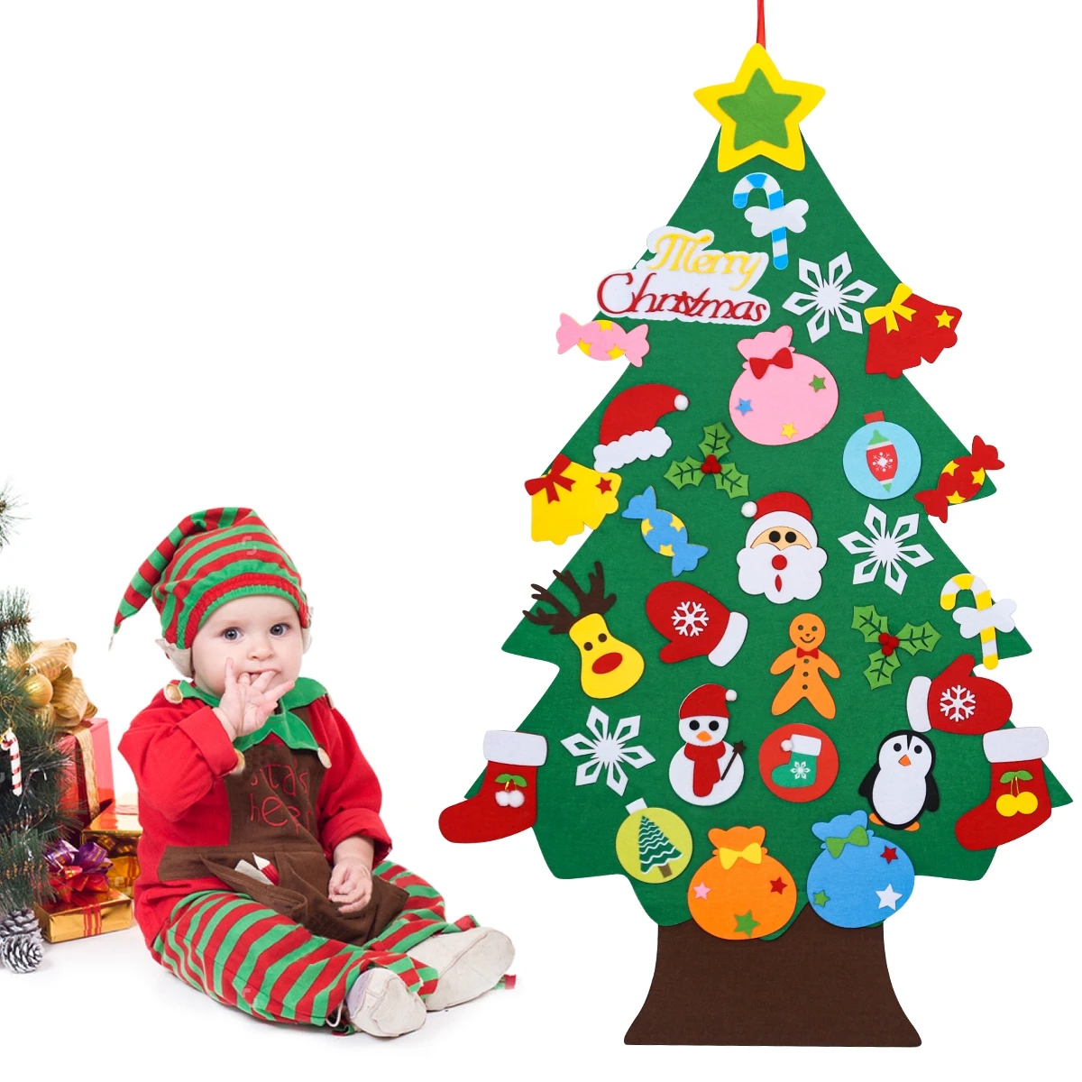 Árbol de Navidad de fieltro artesanal para niños, decoraciones para el hogar, adornos navideños, regalos, árbol de Navidad, Año Nuevo 2024, 2025