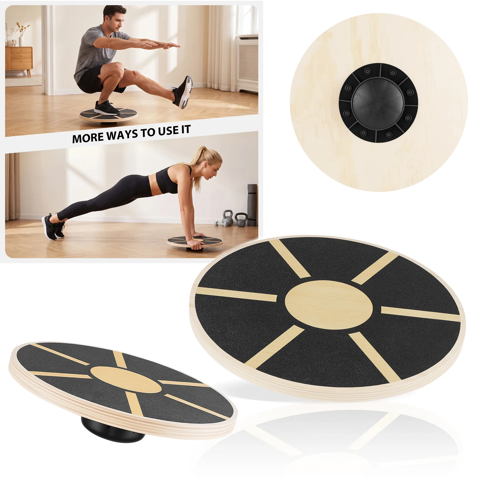 Holz-Wobble-Balance-Board 360 °   Rotations-, Rumpfstärke- und Stabilitätstrainer – Rutschfestes Yoga-Taillen-Drehbrett für Gleichgewicht, Haltung, Koordination – 150 kg Tragkraft, 39,5 cm
