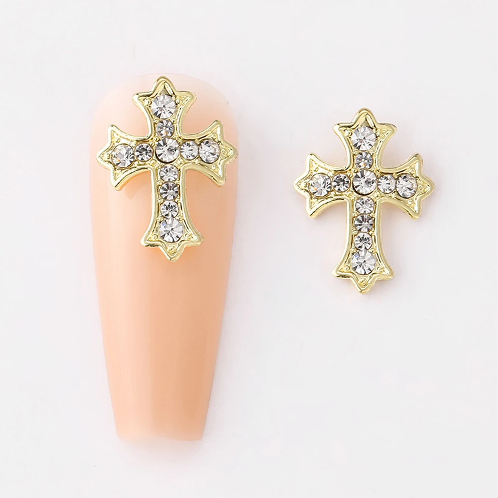 10Pcs Luxury Silver Cross Nail Art Charms 3D Alloy Retro Glitter Diamond Cross Nail Rhinestones DIY Punk Manicure Accessories