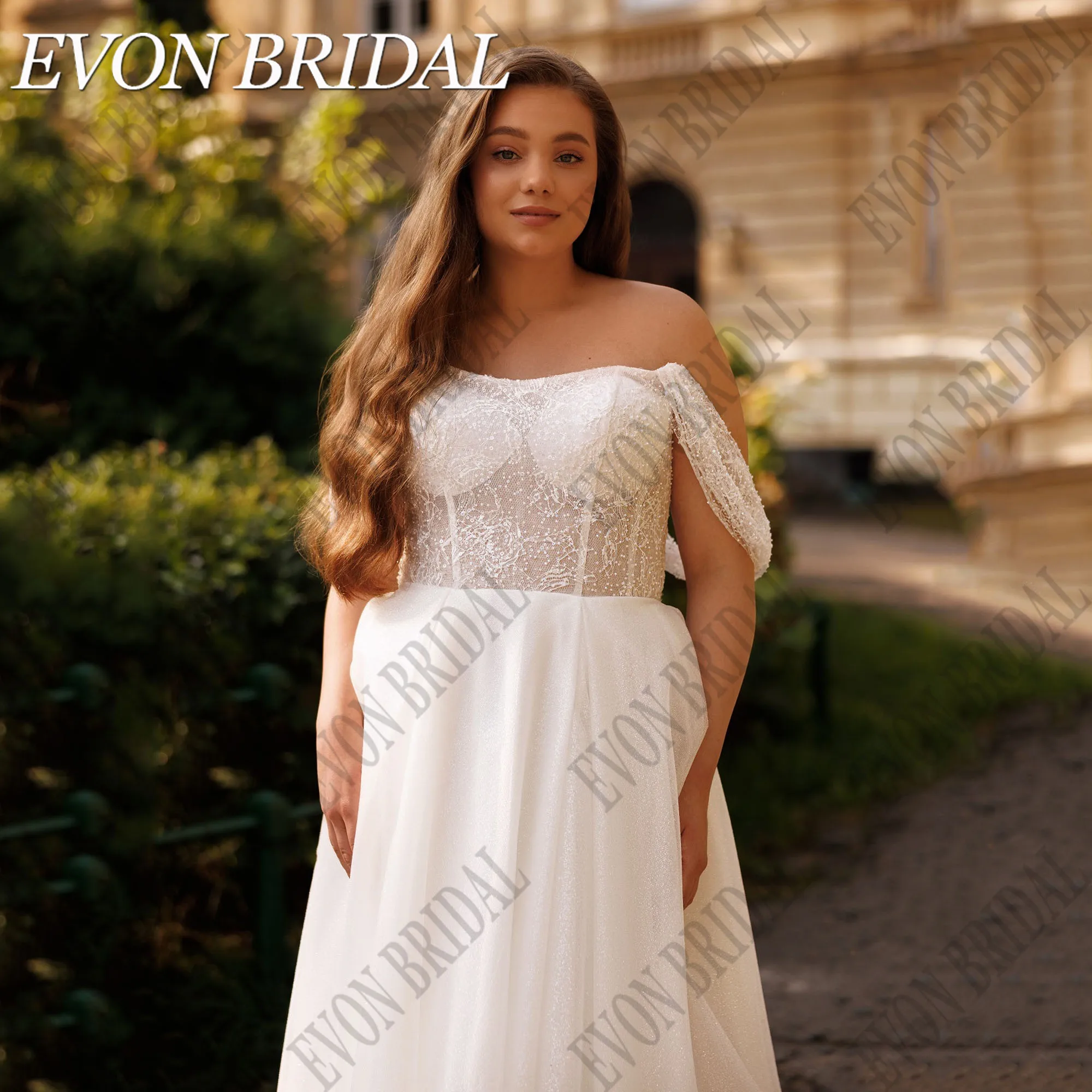 

EVON BRIDAL Plus Size Lace Bride Gowns Off Shoulder Glitter A-Line Elegant Wedding Dress Strapless Vestidos De Novia Customized