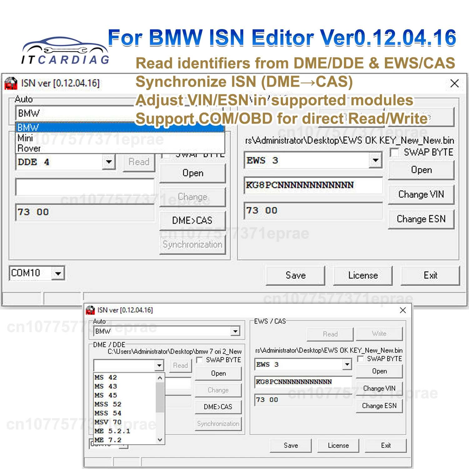 Editor ISN para BMW Ver0.12.04.16: Lee identificadores de ECU DME/DDE EWS/CAS, Sincroniza ISN (DME→CAS), Ajusta VIN/ESN para BMW/MINI