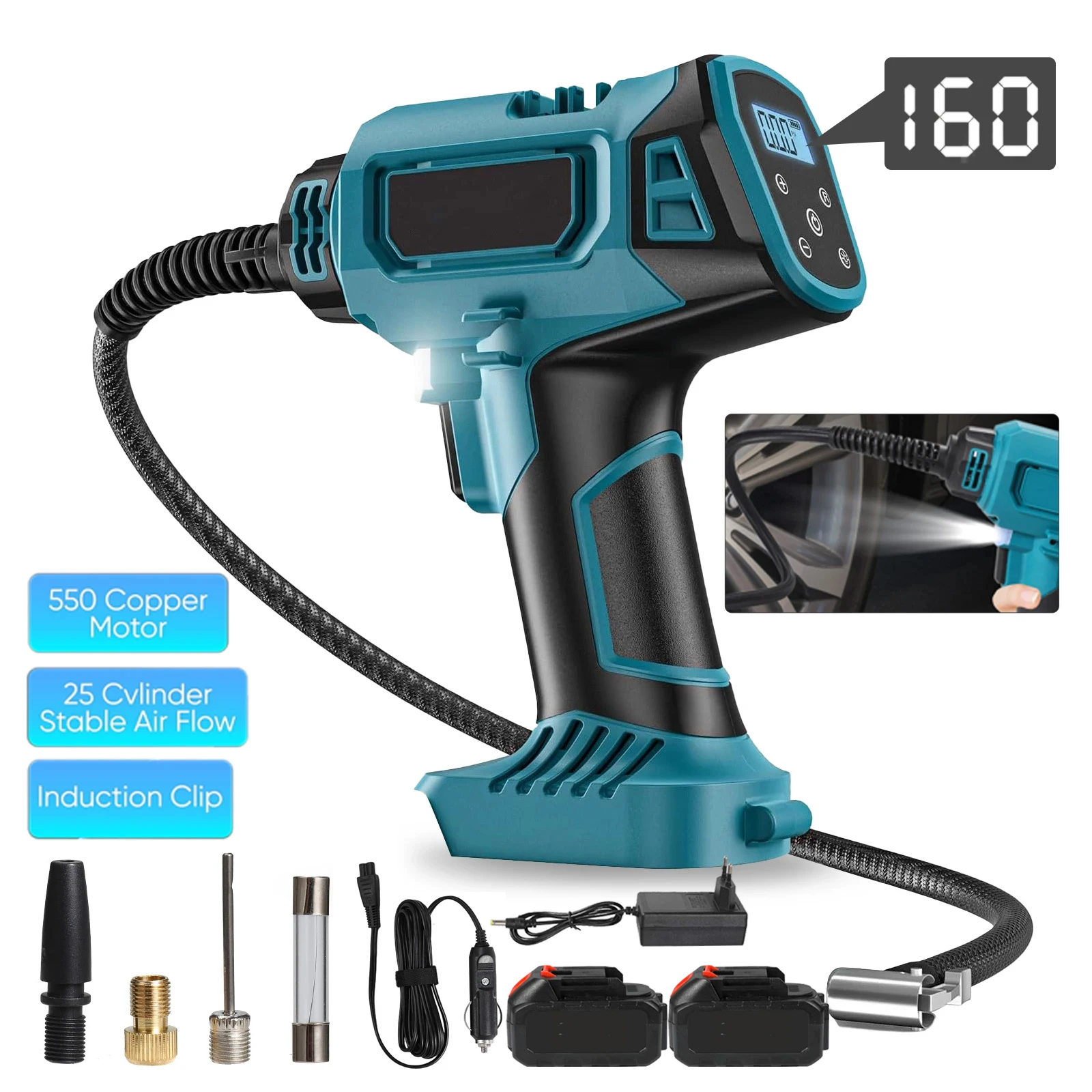 Inflador de neumáticos inalámbrico con pantalla digital, bomba de aire eléctrica portátil para automóvil, diseñada con pantalla digital e iluminación LED, es perfectamente adecuada para inflar SUVs, automóviles, motocicletas, bicicletas y balones de baloncesto.