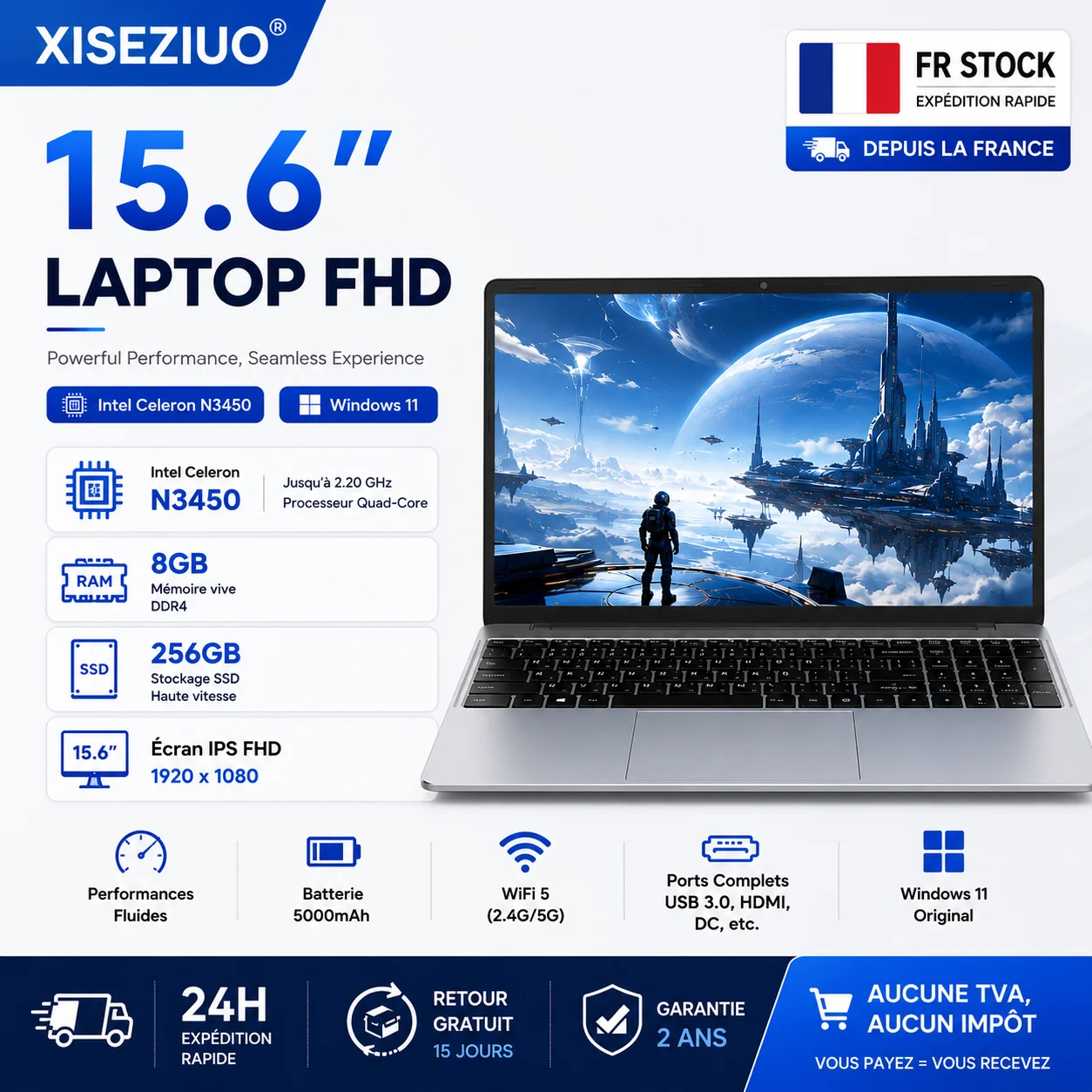 Ordinateur Portable 15.6 Pouces Full HD IPS 1920x1080 Intel Celeron N3450 8Go DDR4 RAM 256Go SSD Windows11 WiFi 2.4G/5G Bluetooth 5.0 Batterie 5000mAh