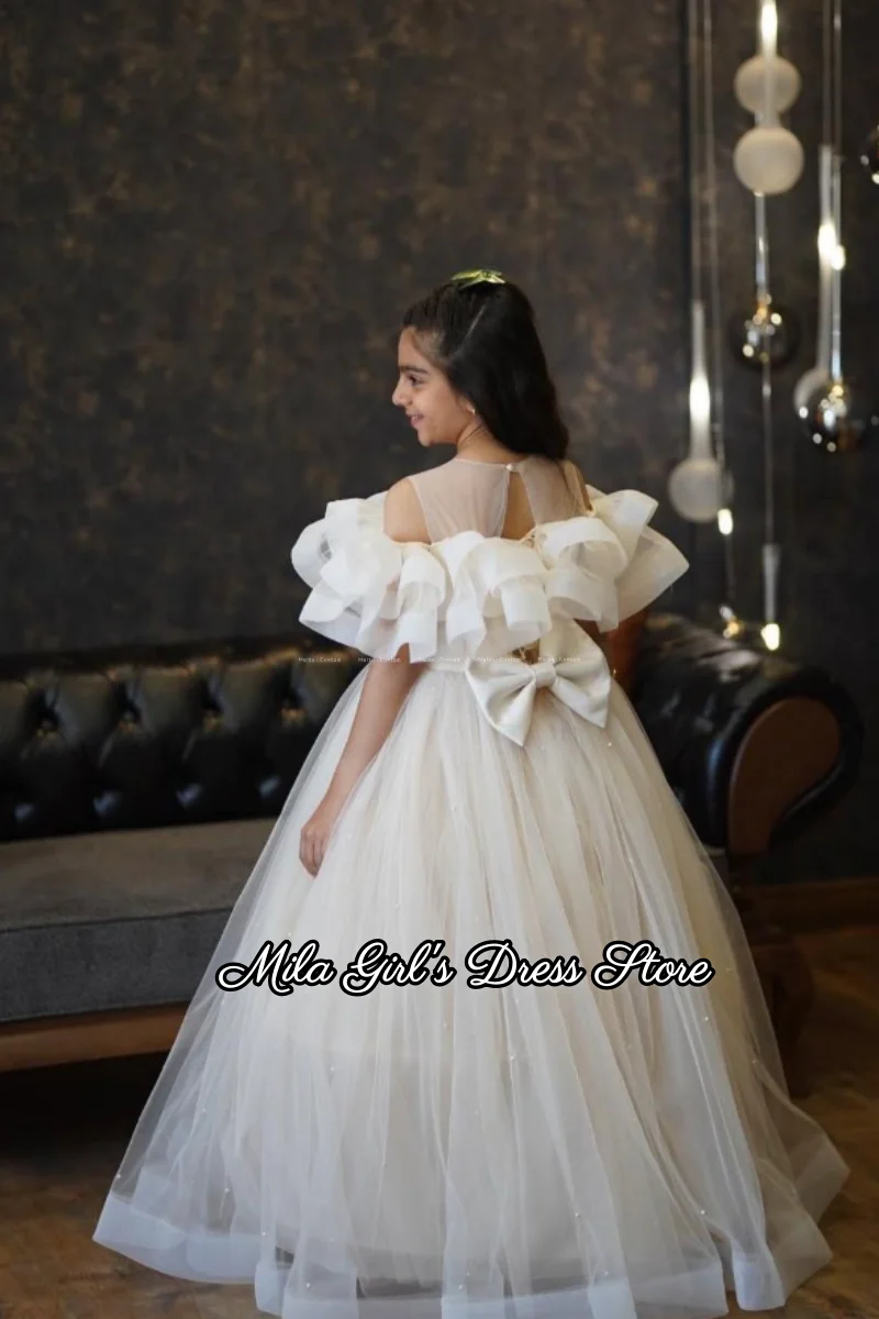 Customized White Flower Girl Dress Wedding Gown Birthday Party Dress 3d Floral Applique Off Shoulder Tulle Princess Ball Gown