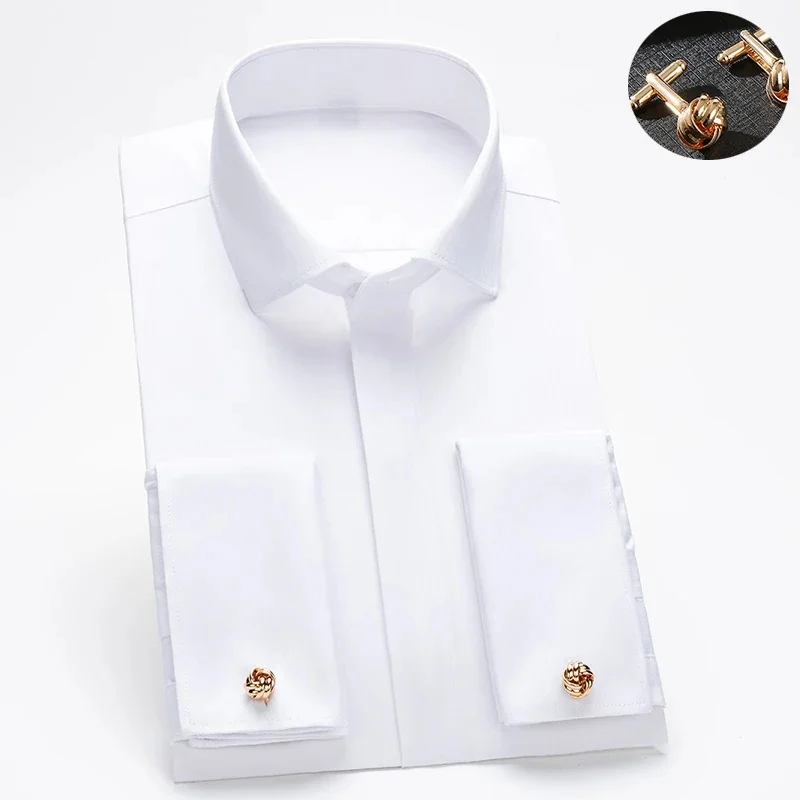 Męska francuska koszula z mankietami z długimi rękawami, slim fit, ukryte guziki, jednokolorowa, wysokiej klasy suknia ślubna, formalna męska — zdjęcie 2