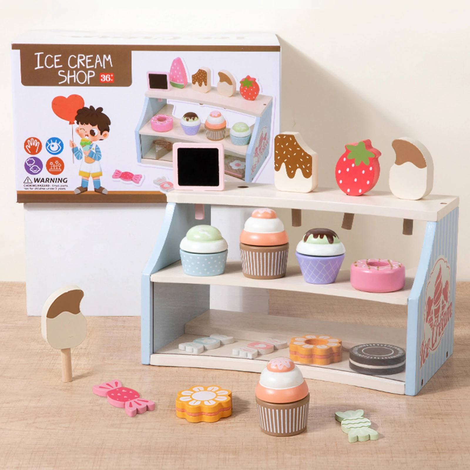 

Wooden Ice Cream Toys Set Kids Play Store Pretend Toy Play Kitchen Accessories Food Toys for 3-6 Year Old Girls Boys Gifts