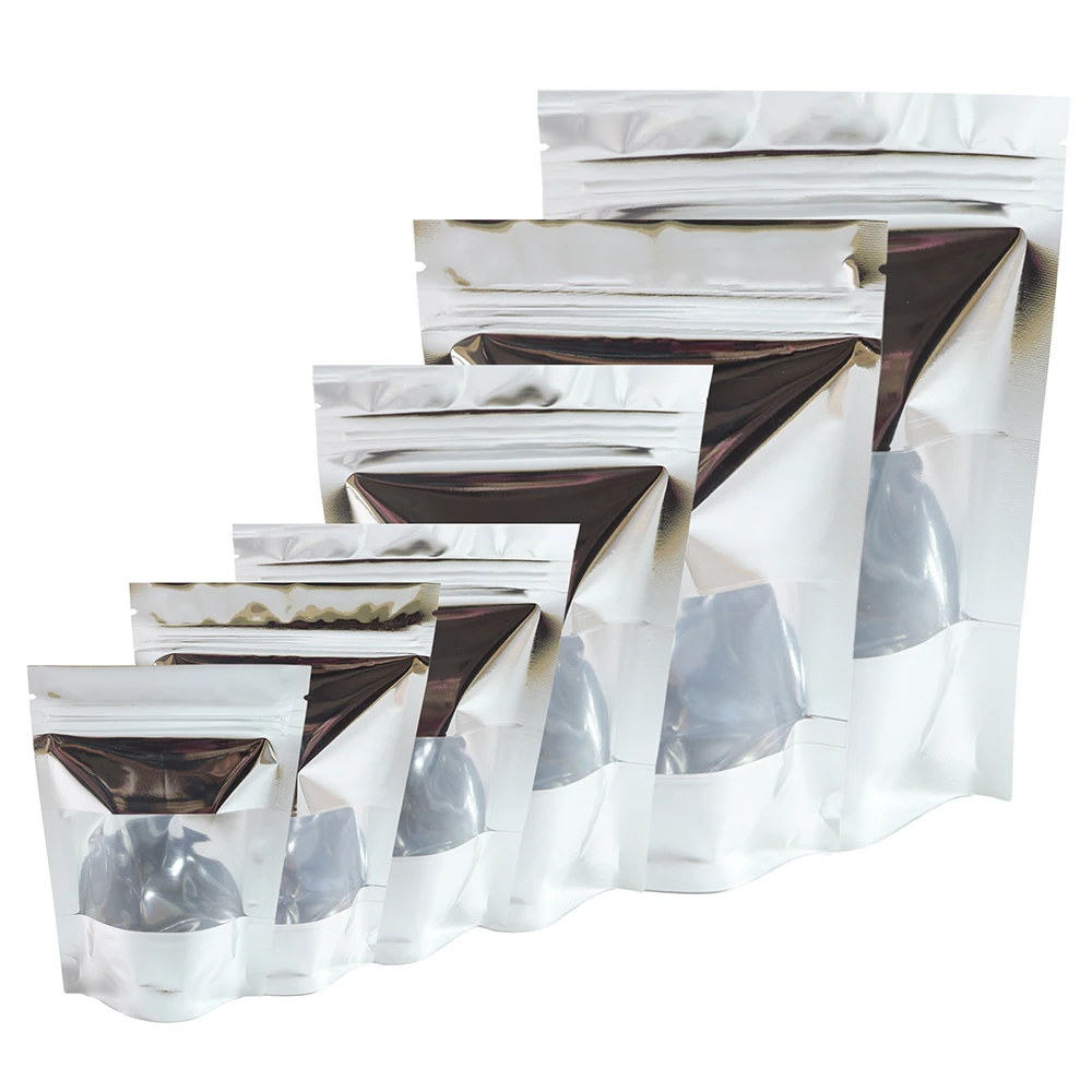 

100Pcs Stand Up Zip Lock Mylar Pouch Glossy Silver Smell Proof Clear Window Snack Cookie Food Storage Aluminum Foil Coffee Bag