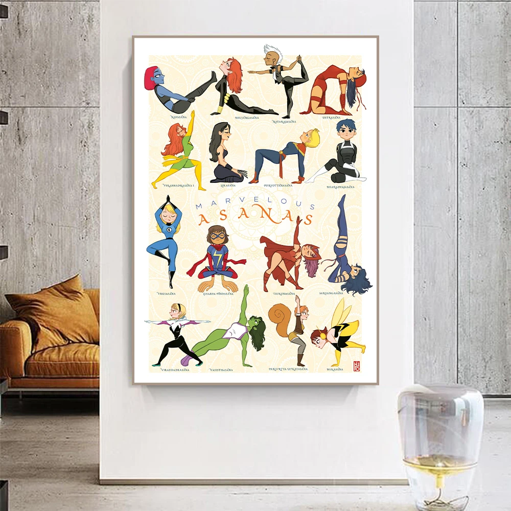 Cartoon Yoga Pose Girl Poster Printed Wall Art Marvel Heroine Figure Canvas Printed Product Living Room And Home Decoration Gift