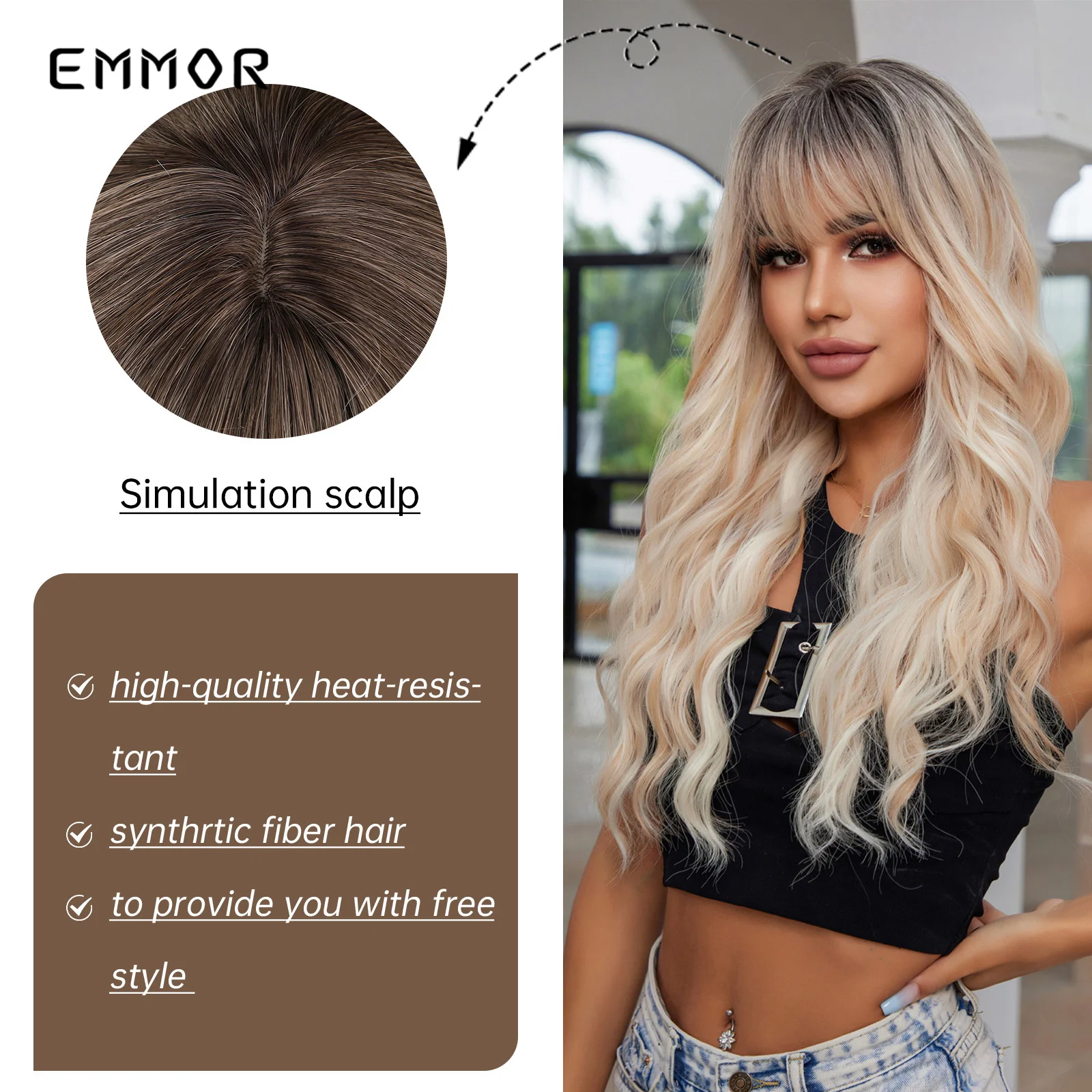 Emmor Long Wavy Blonde Synthetic Wigs Ombre Brown Daily Natural Hair Wigs With Bangs Cosplay Party for Women Heat Resistant Hair