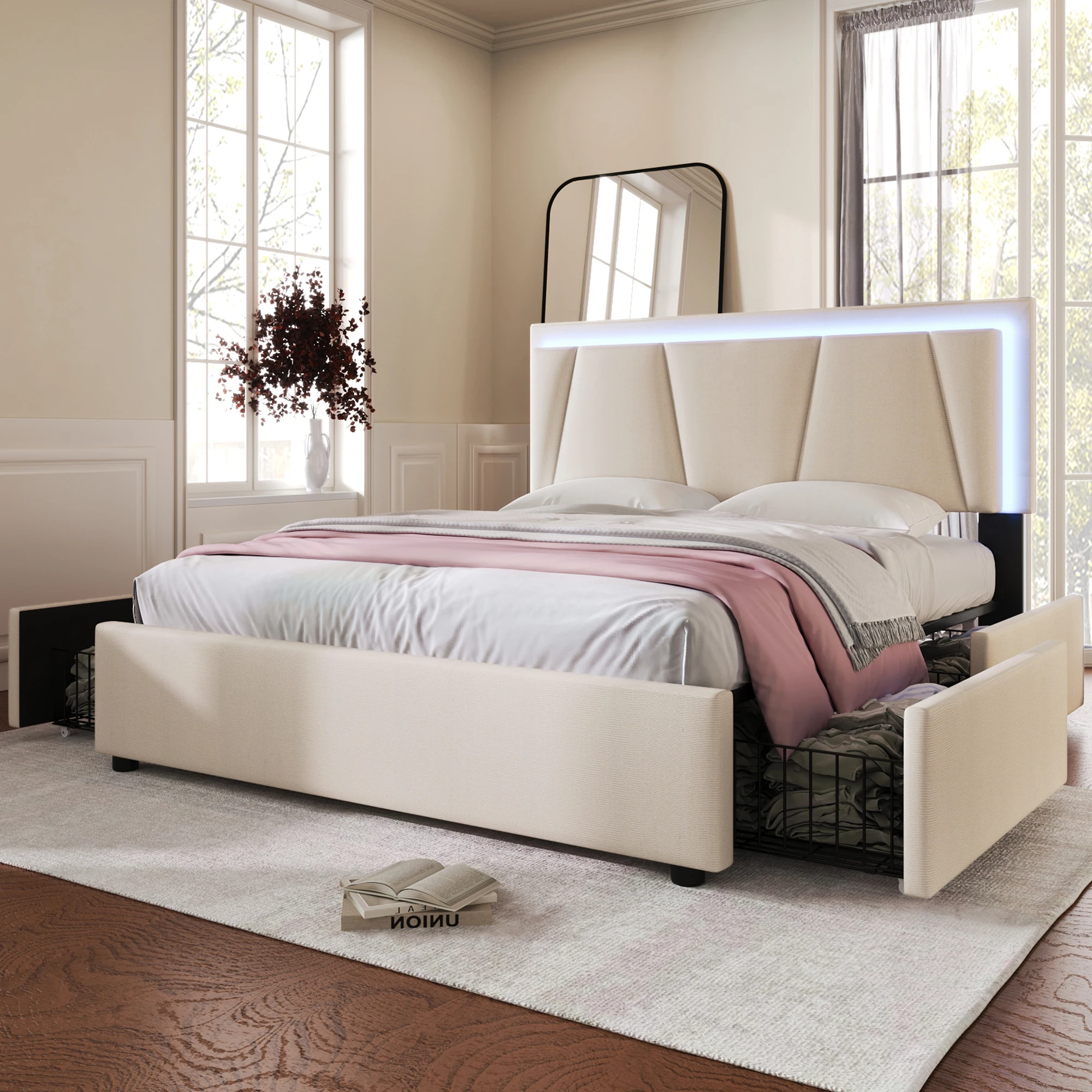 Lit rembourré double 140x200cm beige avec éclairage LED, 4 tiroirs de rangement, tête de lit réglable en hauteur, housse en lin, cadre en métal, sommier à lattes en bois pour chambre à coucher, appartement d'hôtes