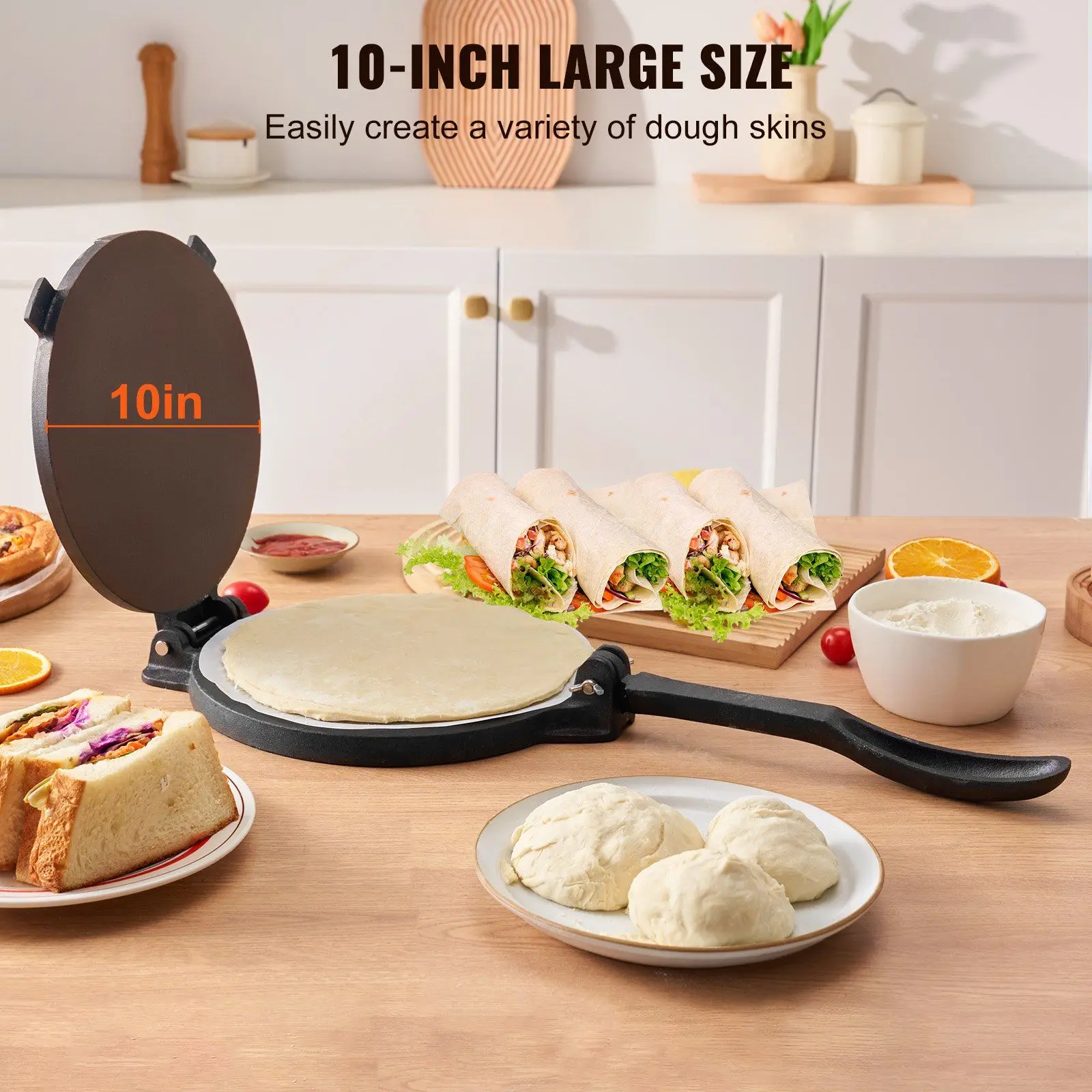 110V Electric Tortilla Press 10 Inch Tortilla and Roti Maker Multipurpose Automatic Burrito Maker, Pre-Seasoned Pataconera Maker