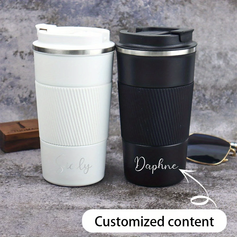 Custom Name Engraved Stainless Steel Travel Coffee Mug With Flip Lid Anti-Slip Textured Sleeve Hot Cold Insulated Portable Tumbl