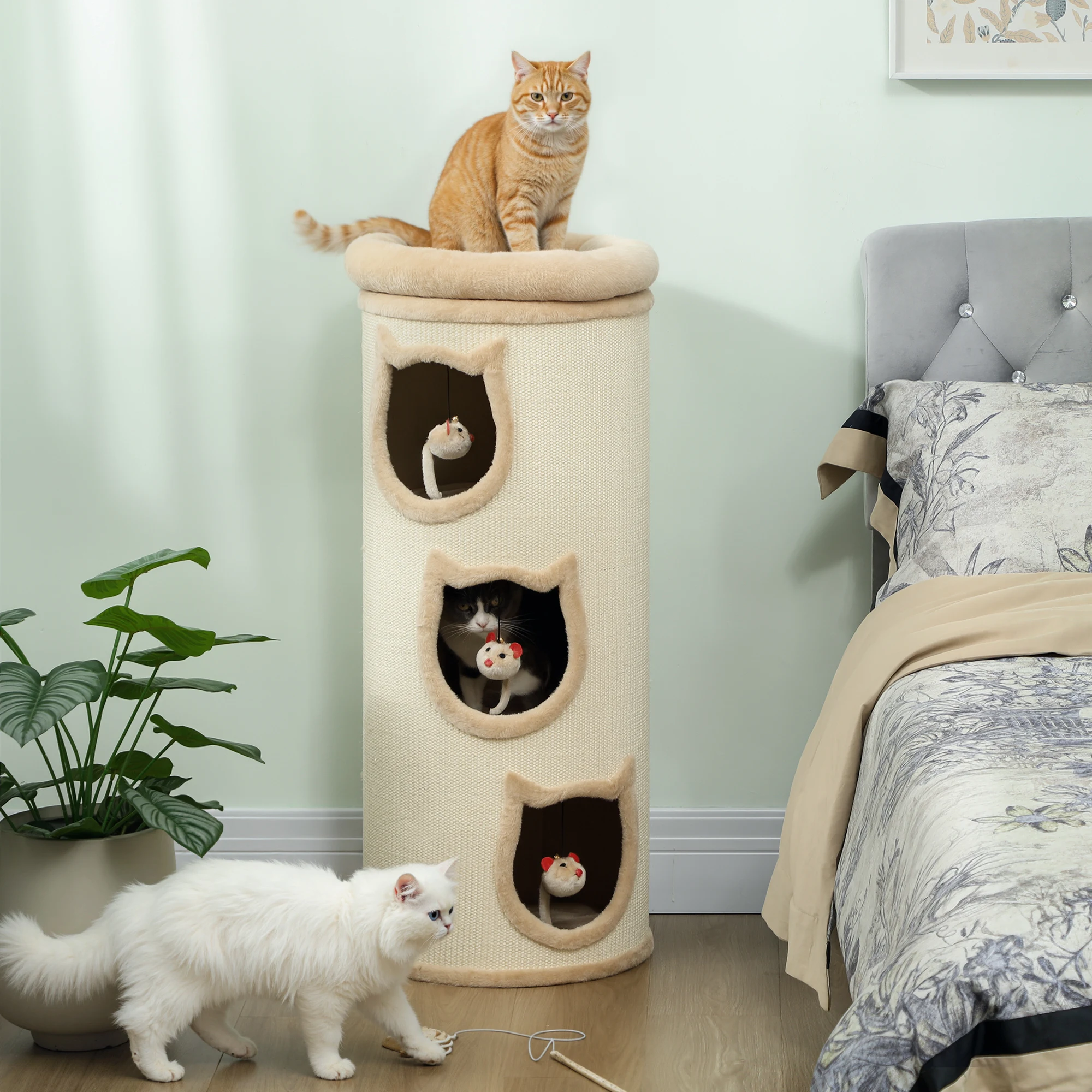 3-stöckiger Katzenbaum mit Sisal-Kratzstamm, Katzenbett-Höhle und interaktivem Spielzeug – Indoor-Katzenmöbel für Kätzchen und Katzenbedarf