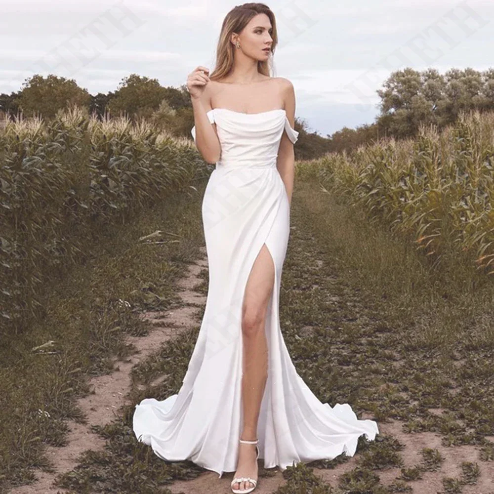 JEHETH Sexy Mermaid Simple Style Back Zipper Wedding Dress Floor-Length Off-The-Shoulder Backless Pleated High Slit Bridal Dress