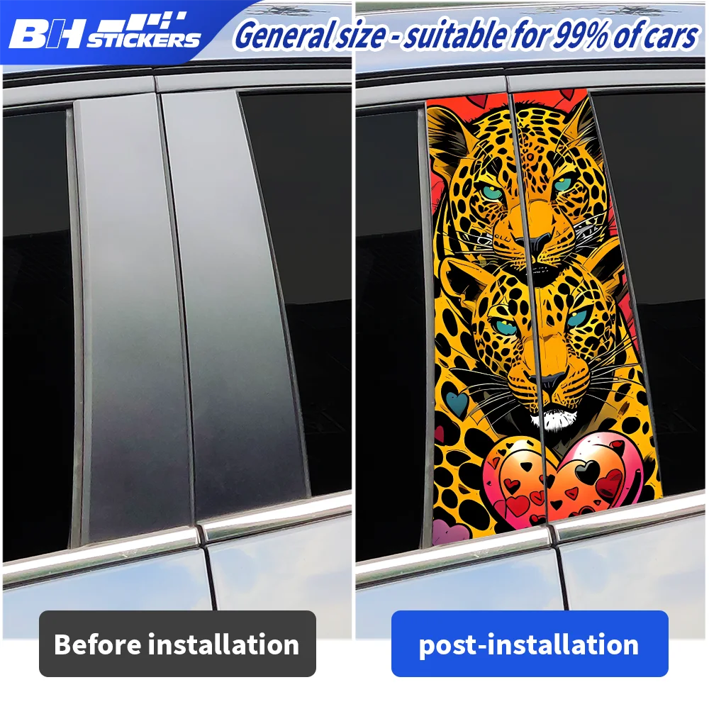 Leopard Love Heart Car B Pillar Stickers Fashion Cheetah Auto Body Decals Vehicle Middle Column Wrap Vinyl Trim Film Accessories