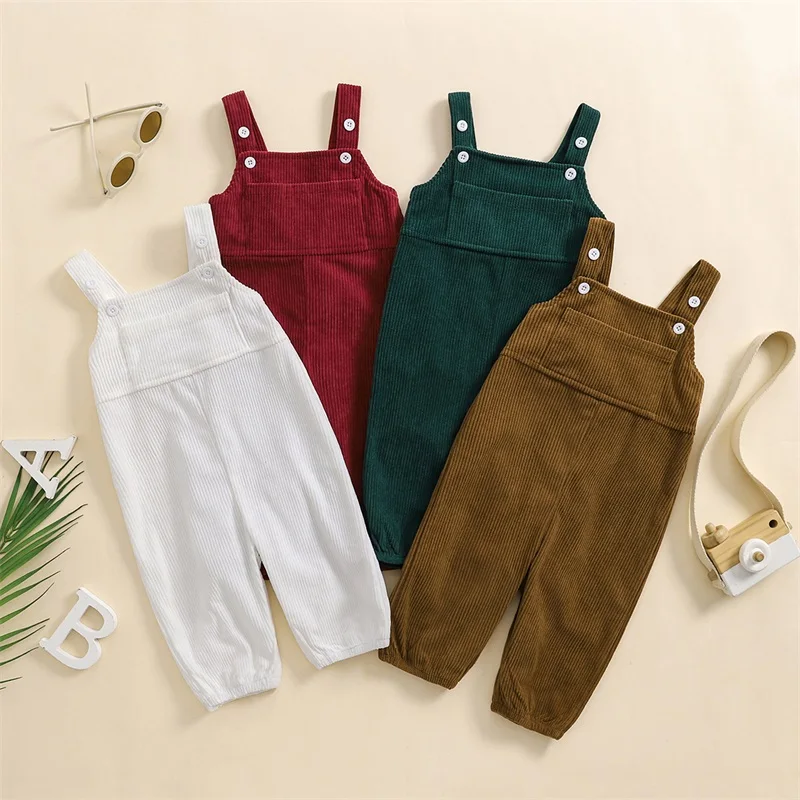 Blotona Toddler Boys Girls Spring Autumn Sling Jumpsuit Corduroy Overalls Solid Color Sleeveless Suspender Pants, 0-5Years