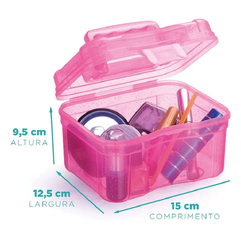 Mini Caixa Maleta 12,5 x 15 x 9,5cm Frasqueira Rosa Organizadora Multiuso Plástica Universal