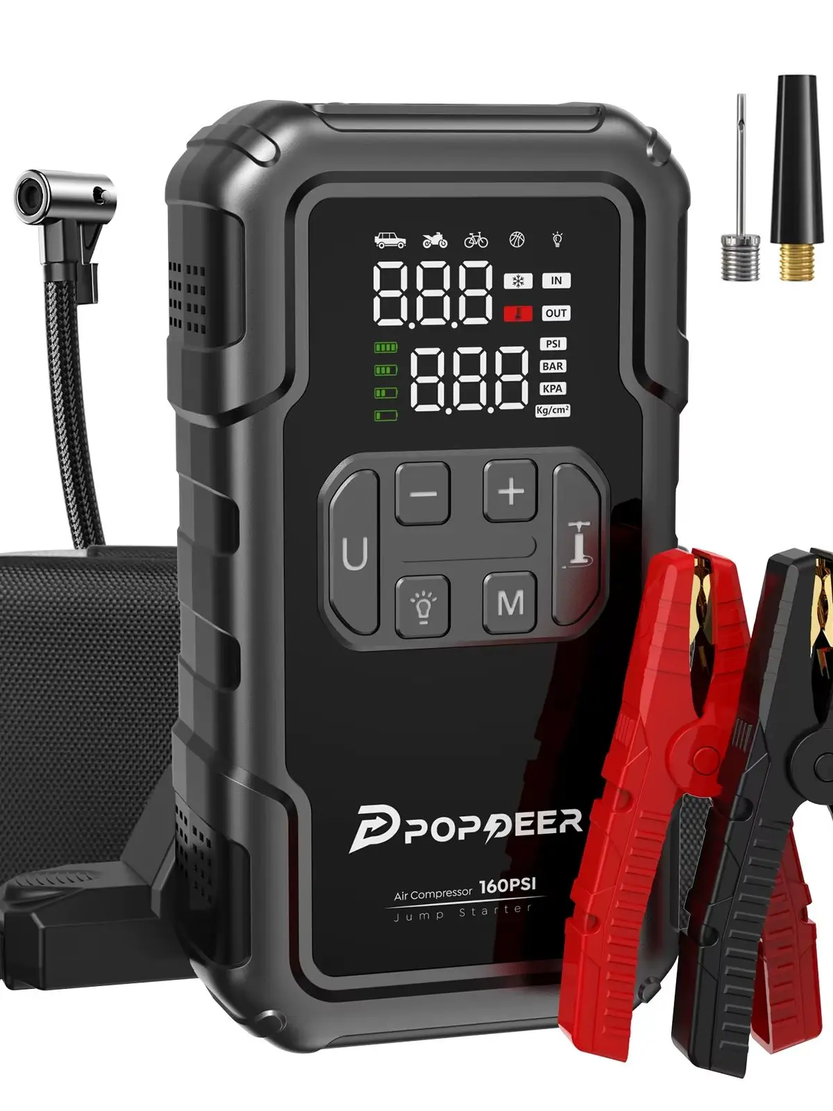POPDEER PD-JA2 4000A Rozrusznik Samochodowy z Kompresorem Powietrza 160PSI, Booster do Silników Benzynowych 8.0L/Dieselowych 6.0L, Światło 600LM i Power Bank, Duży Ekran (With EVA Case) — Zdjęcie 2 z 2