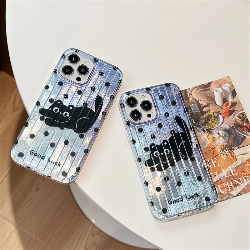 

Luggage print black polka dot cute cat for iphone13 14 15promax cartoon all-inclusive fall resistant niche case