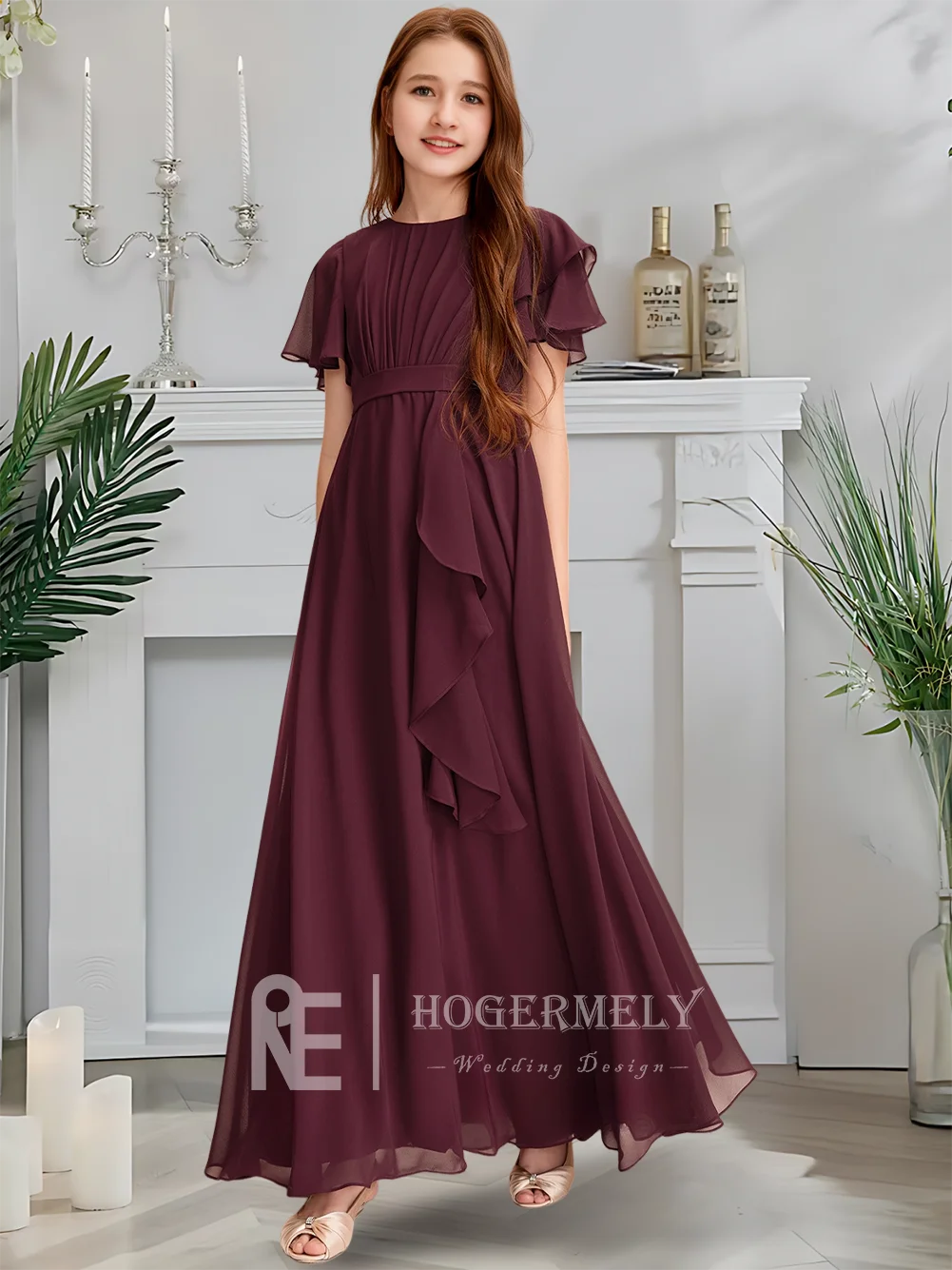 Роскошное платье подружки невесты для юниоров, платье русалки с цветочным узором для девочек, шифоновое платье длиной до пола с каскадными оборками, свадебное платье