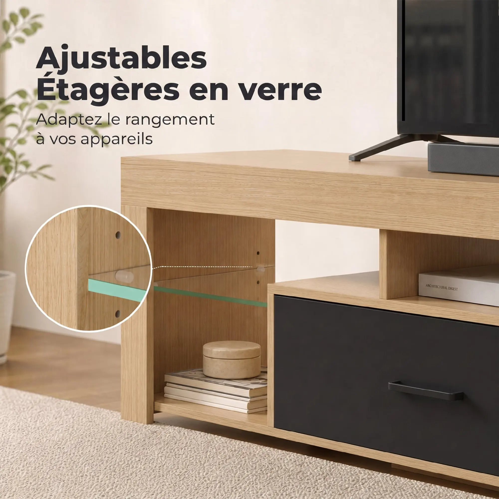 Soporte para TV con efecto madera, estantes de vidrio templado y cajón de almacenamiento, mesa consola multimedia moderna, centro de entretenimiento con exhibición abierta, mueble para TV para sala de estar y dormitorio, mueble para televisión de hasta 55 pulgadas