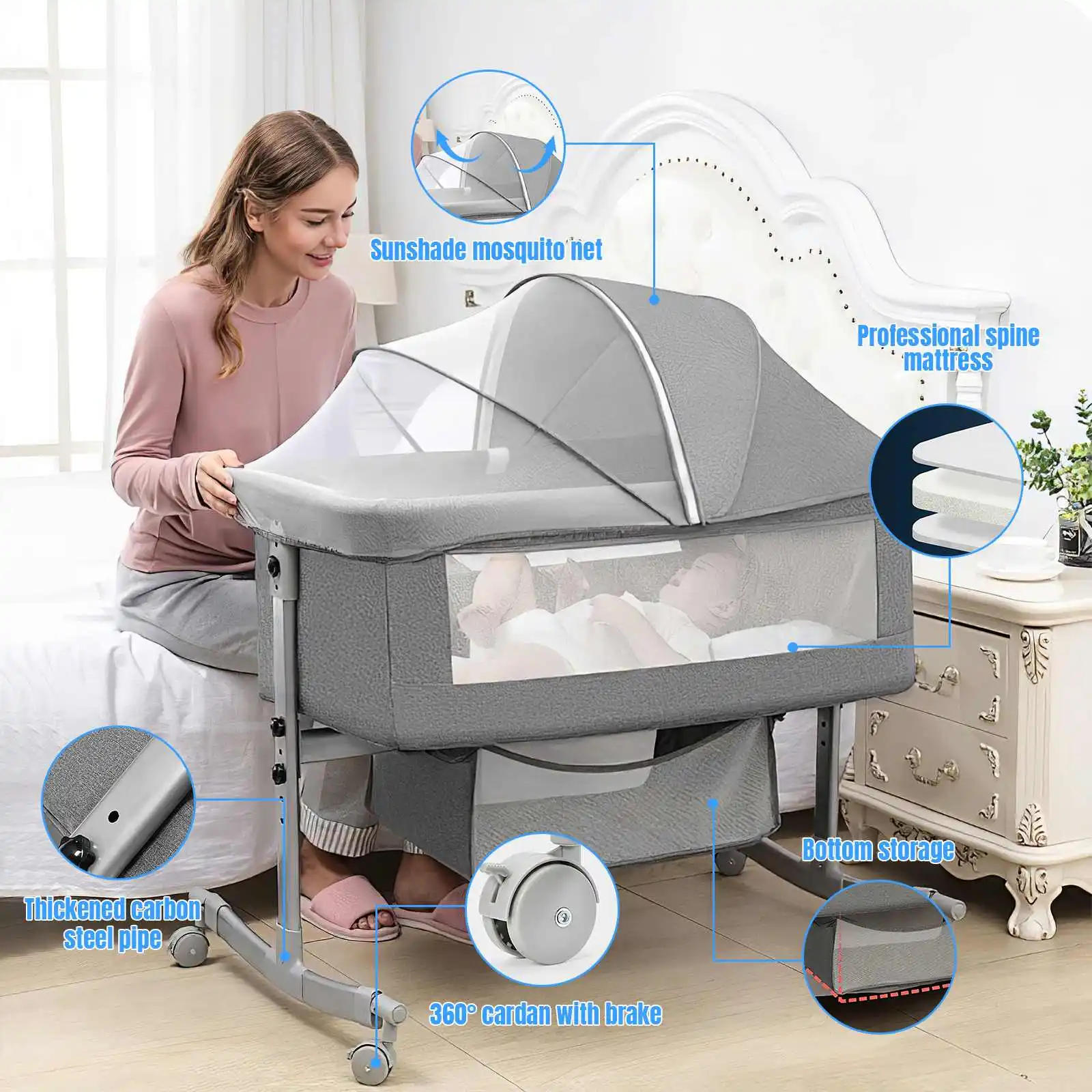 Cuna de cabecera 3 en 1 para bebé, altura ajustable en 4 niveles, moisés con modo de balanceo de arco grande, mosquitera desmontable, ruedas silenciosas con freno, cesta de almacenamiento para dormir juntos