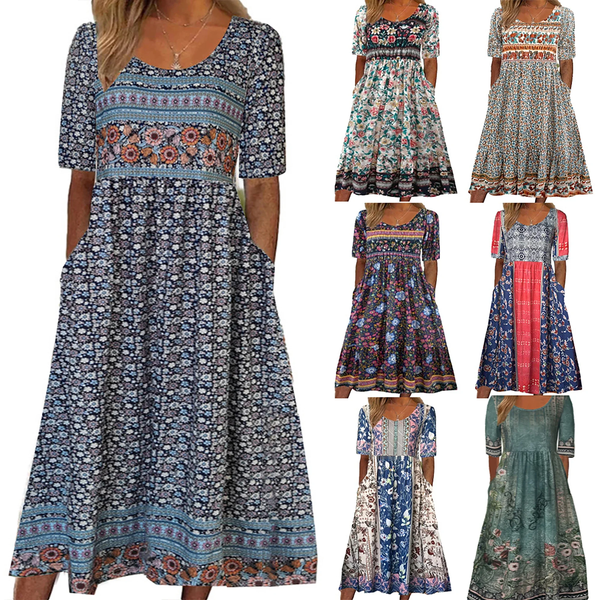 Zomer nieuwe dames Bohemen losse modeprint lange jurk met ronde hals en korte mouwen - afbeelding 2