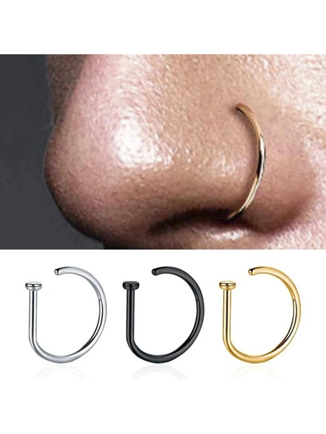 3pcs Women Men Fake Piercing Nose Ring Fashion D-shape Punk Non Piercing Nose Clip