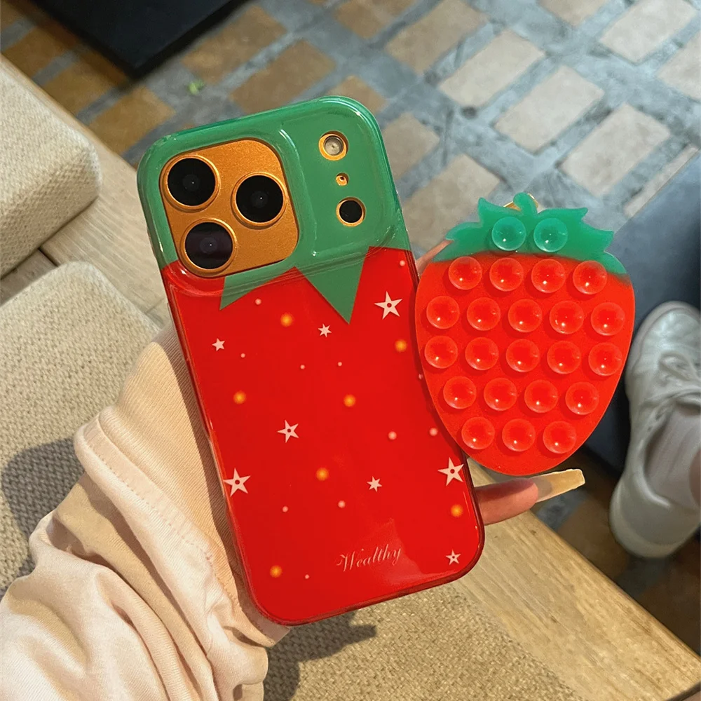 เคสโทรศัพท์แบบดูดติดลายดาวสตรอว์เบอร์รี่น่ารักสไตล์เกาหลี สำหรับ iPhone 17 16 Pro 15 14 Pro Max 13 16 Fundas Kawaii ป้องกันรอยขีดข่วน