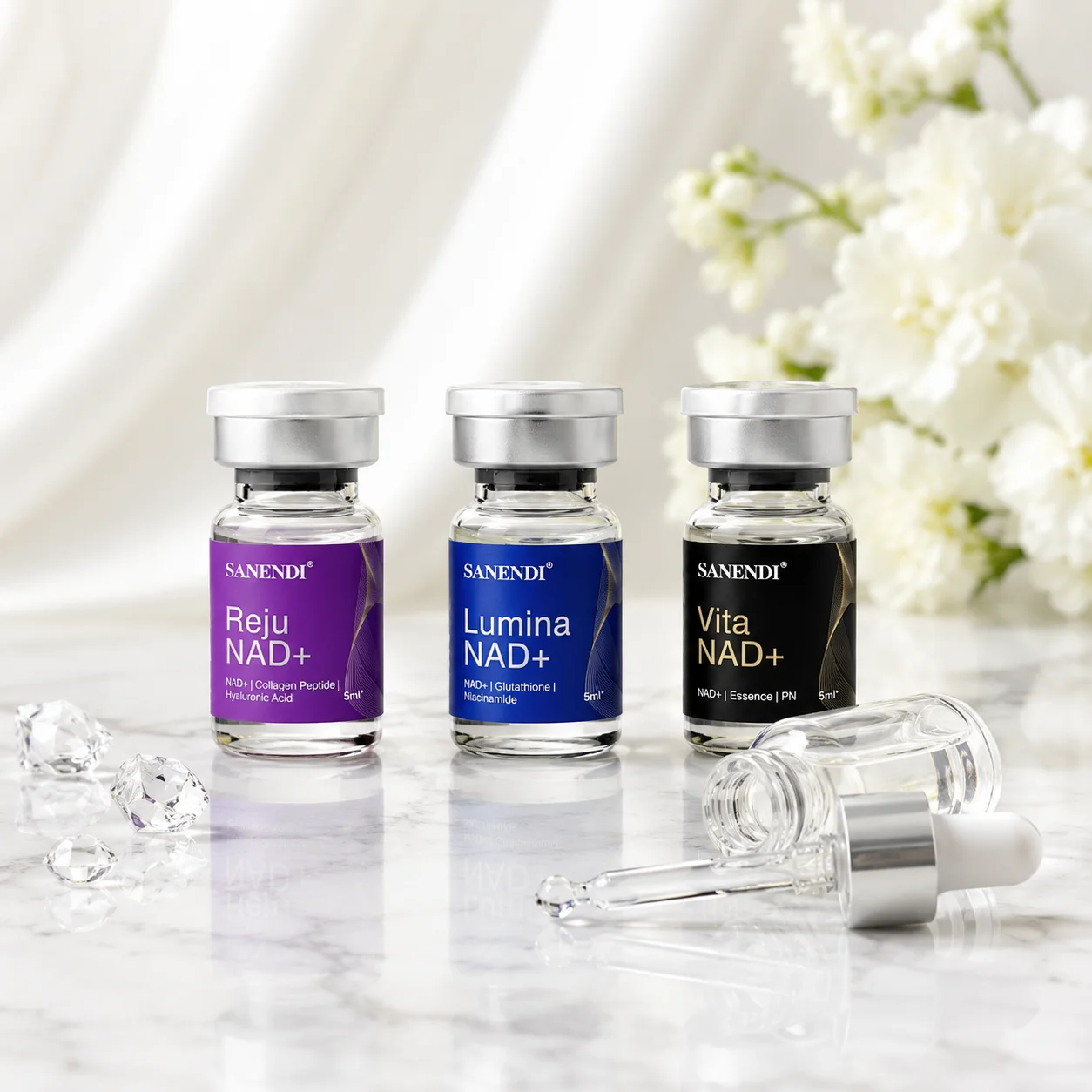 SANENDI NAD+ Facial Ampoule Serum 10pcs with Hyaluronic Acid Peptide Collagen Moisturizing Essence Daily Skin Care Korean Beauty
