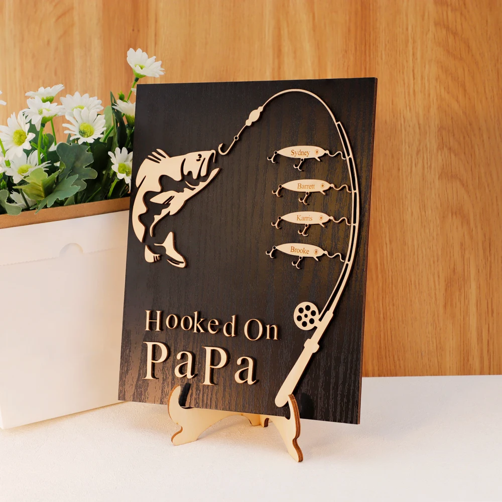 Hooked on Grandpa Papa Dad Father's Day Birthday Plaque Sign decor Personalized Customized Fishing Trip Gift For Him