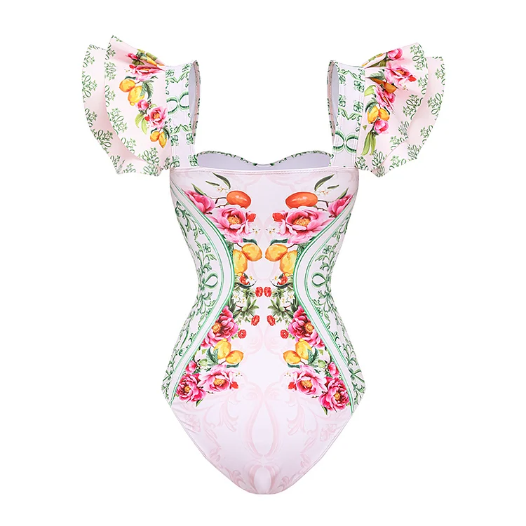 2024 Women Ruffle Cut Out Lemon Floral Pattern Print One Piece Swimsuit and Skirt Beachwear bikini Two piece Bathing Suit