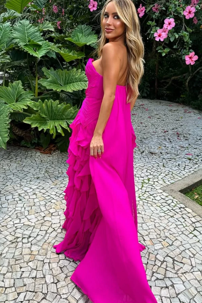 Jessica Sweetheart Abiti da sera rosa caldo Abiti da ballo in chiffon da donna Increspato a strati A-Line Abiti da festa personalizzati