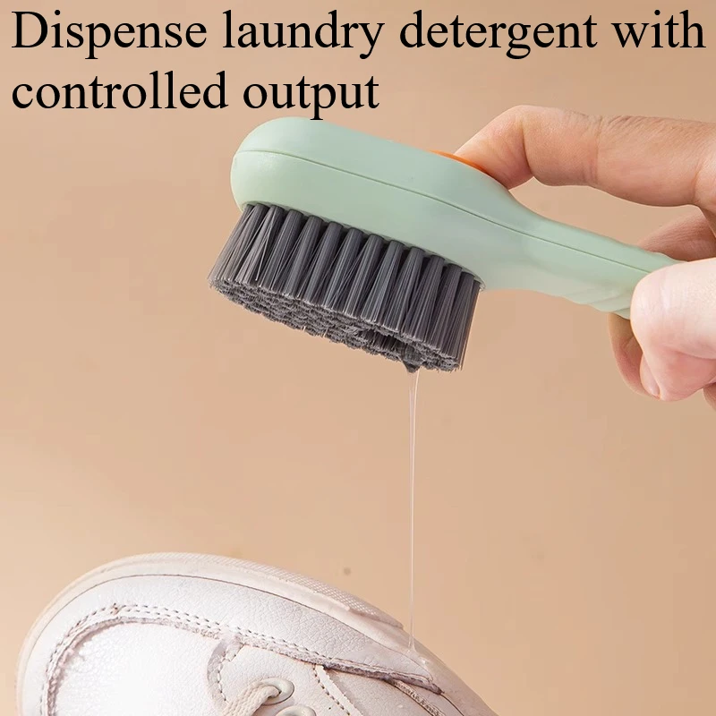 2Pcs Soft Bristle Liquid Dispensing Shoe Brush with Detergent Cleaner for Sneakers Clothes Home Laundry White Green