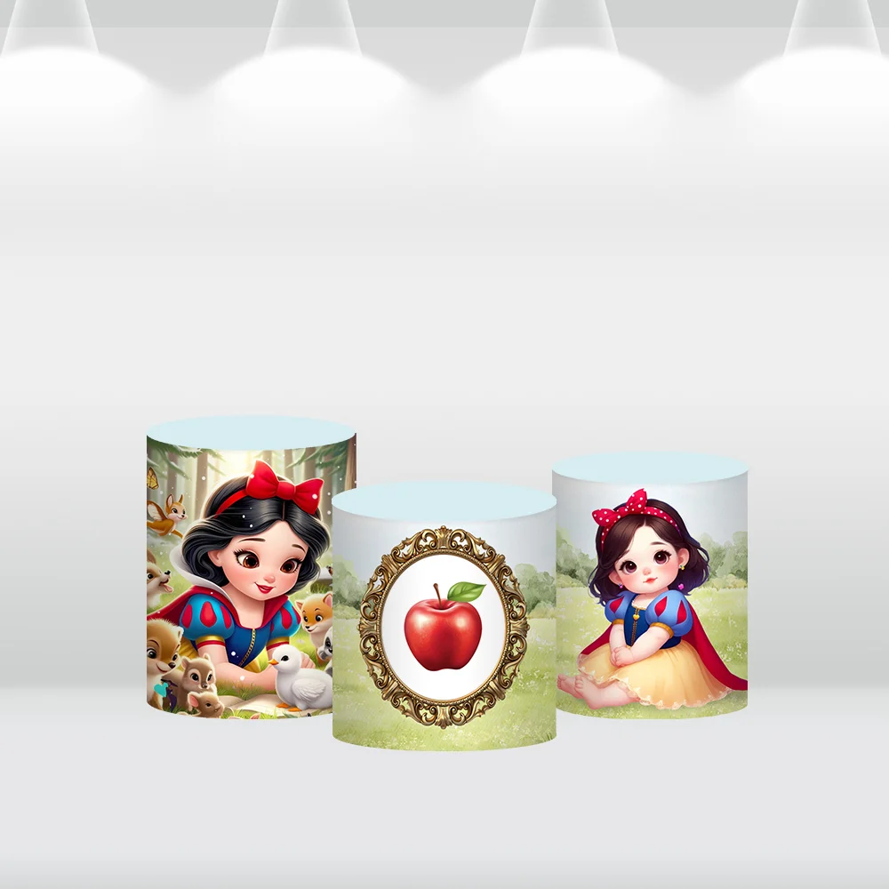 Princsss Snow White Round Backdrop Cover for Baby Shower Decor the Seven Dwarf Arch Covers Red Posion apple Cylinder Covers