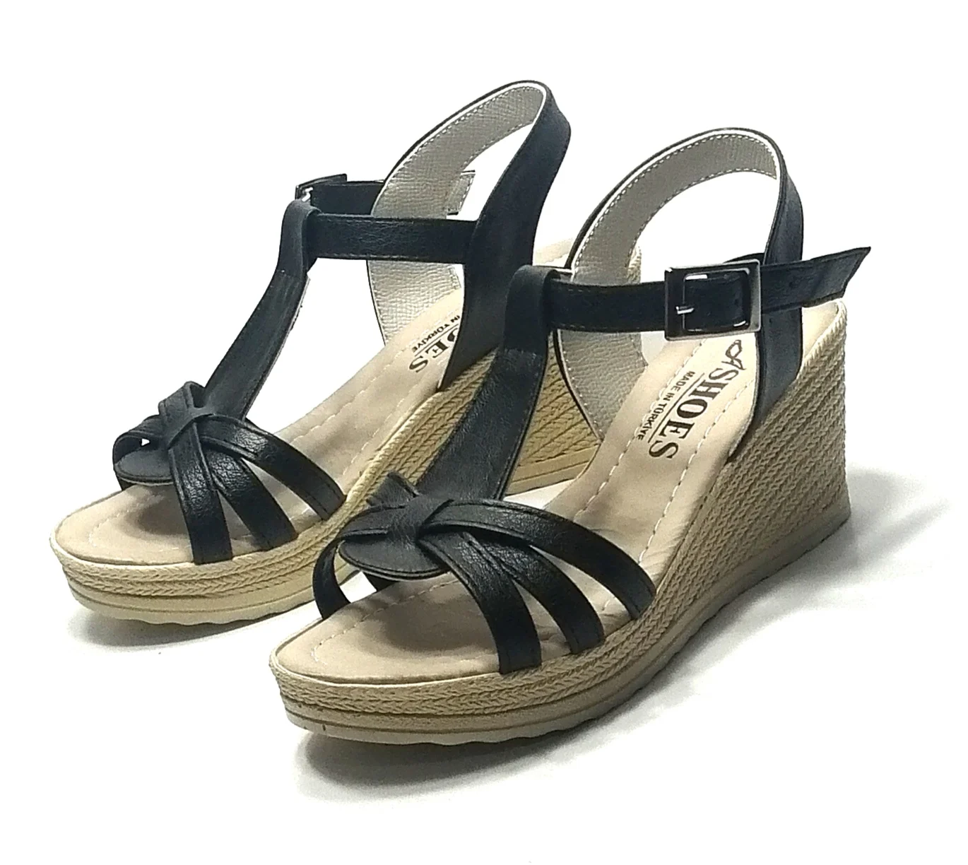 WOMEN'S BLACK SUMMER SANDALS 7 CM HEELS WITH FILLED WITH SOLE AND 2 CM PLATFORM HEIGHT. LUXURY MODERN. WEDDING. OFFICE. TRAVEL