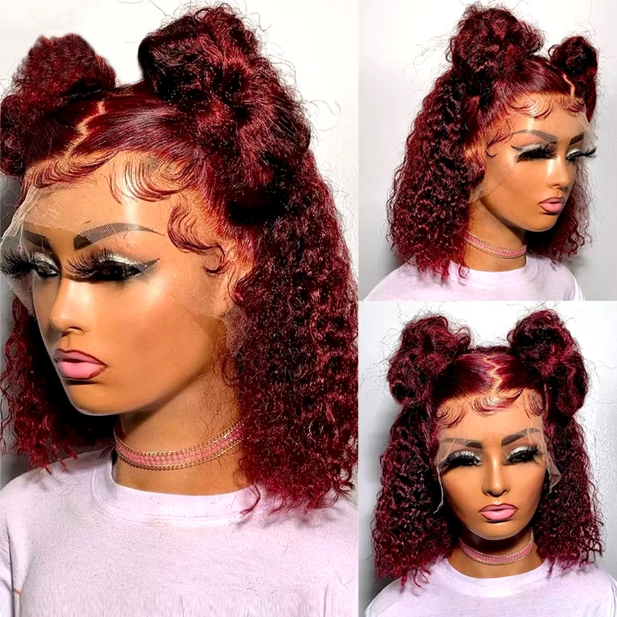 99J Burgundy 13x4 Lace Front Wigs Human Hair Short Bob Wig Curly Deep Wave Transparent Lace Frontal Wig 250 Density Pre plucked