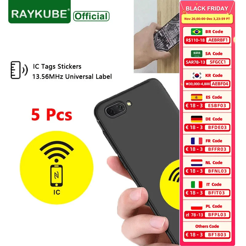 RAYKUBE 5 Pcs IC TAG Sticker 13.56MHz Universal Label Anti-Metal Tag NFC Mobile Phone Access Control Card Sticker
