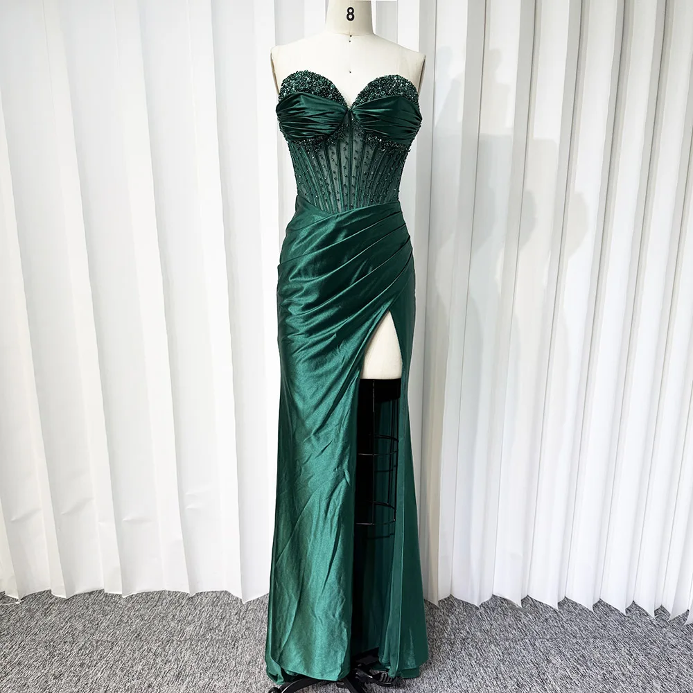 Elegantes Luxus-Abendkleid aus Satin mit Schlitz, Perlen, Meerjungfrau, Schnürung, langes formelles Abschlussball-Hochzeitskleid für Frauen 2025, individuell gestaltet