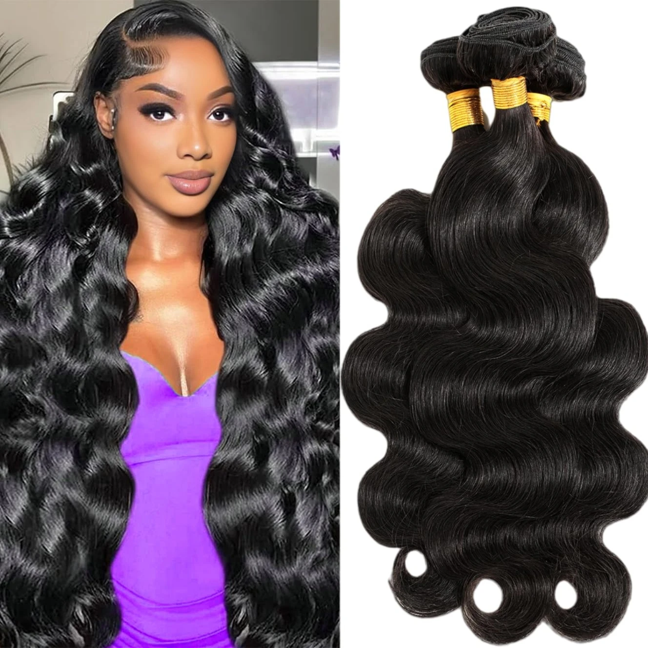 人毛1～3束 ボディウェーブ束 人毛エクステ ダブルウェフト 未処理ブラジル産バージンヘア束 # 1B ナチュラル