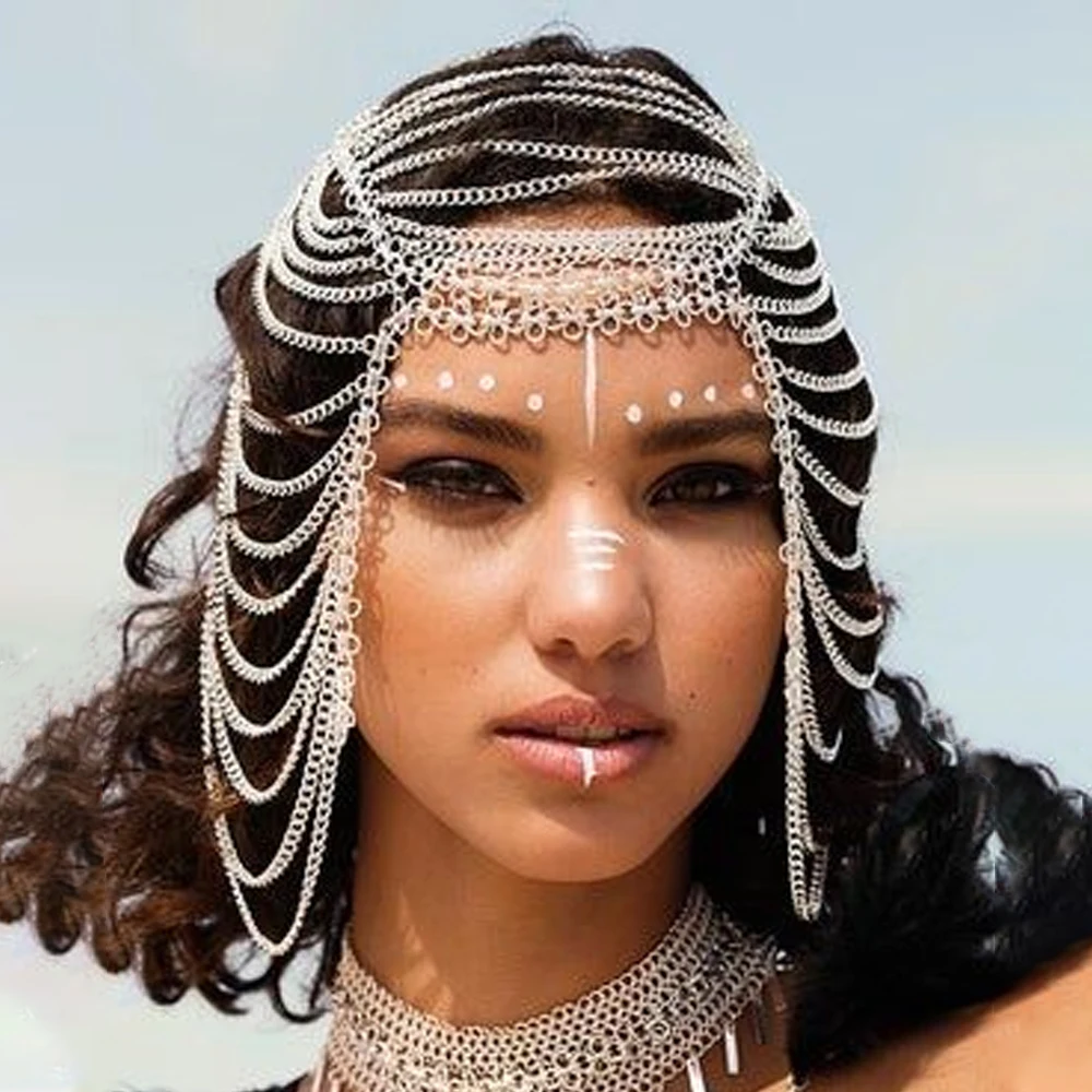 

Boho Multi Layer Hair Chain Tiara Bridal Accessories Headpiece Headband Metal Hair Jewelry Indian for Women Forehead Decoration