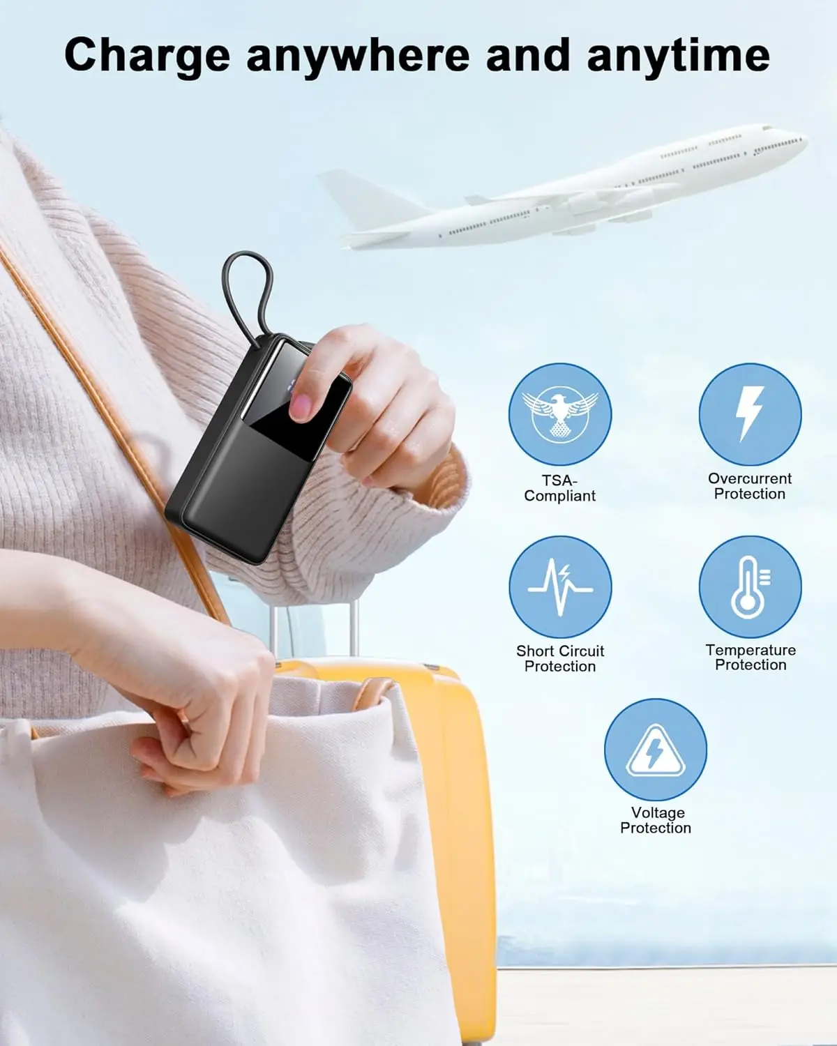 Batería Externa 2026 de 10000mAh, Carga Rápida 5V/3A, Batería Portátil con Cable Integrado en Entrada y Salida USB C de Alta Velocidad, Pantalla LED para iPhone, Android, Galaxy, Tablets y Más MOIL